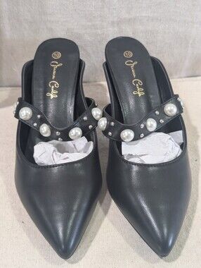 Jessica Carlyle Adelia Mules Heels Size 10 Pearl Banded Black Pointed Toe NWOT